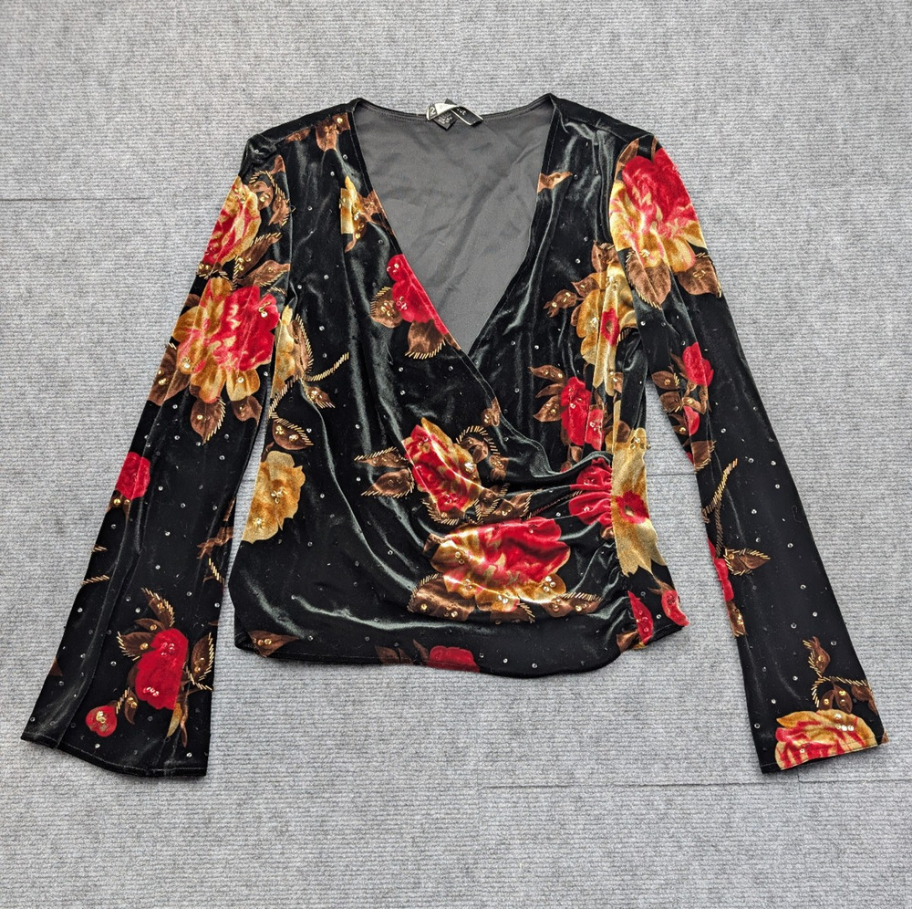 Vintage Velvet Blouse Womens Large Floral Whimsigoth 90s Velour Sequin Romantic